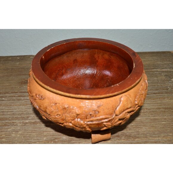 Vintage Faux Wood Carved Mold Resin Footed Floral Leaf Design Bowl Dish Display - Picture 4 of 11